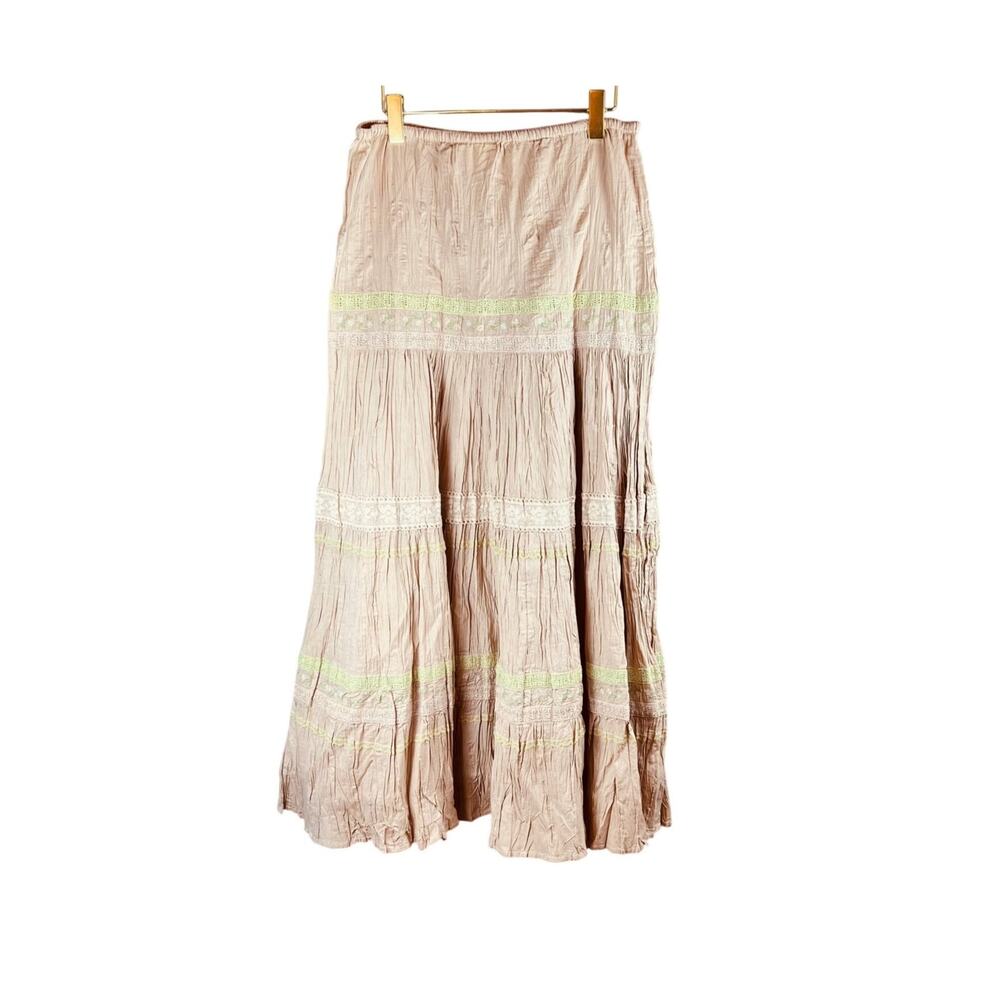 Vintage 90s Capricorn Pink Tiered Maxi Skirt Lace Trim Cotton Boho Medium - Picture 4 of 5